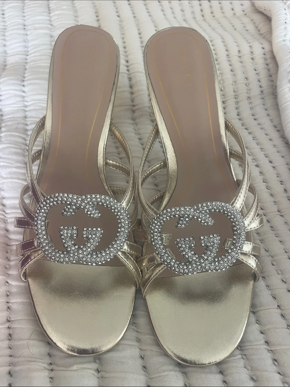 Gucci Gold Crystal Interlocking G Slide Sandals